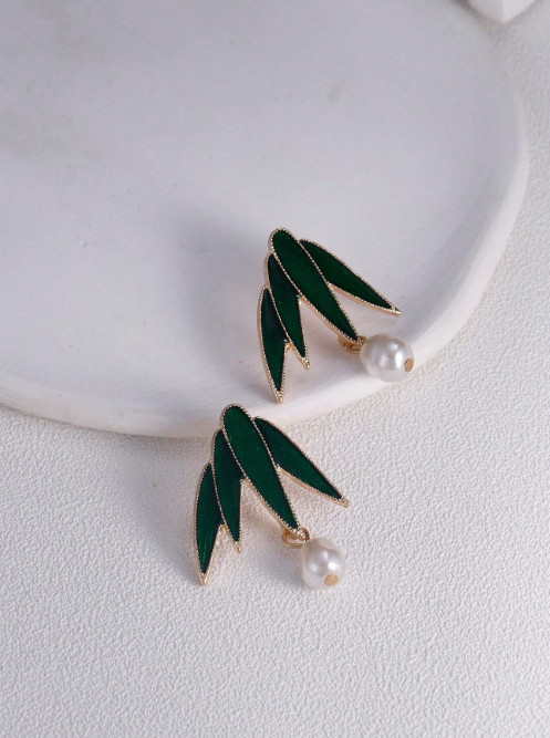 Shein - 1 Pair Chinese Style Bamboo & Pearl Earrings, High-End Niche Design Green