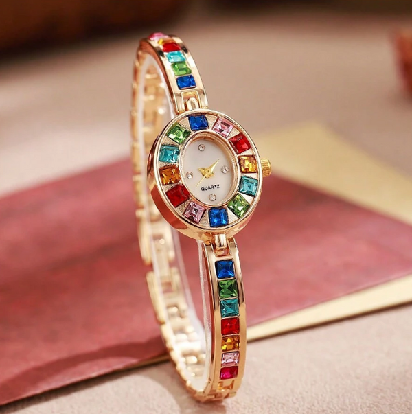 Shein - New Luxury Women's Watch Bracelet With Inlaid Colorful Zirconia Stainless Steel Strap