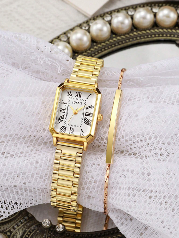 Shein - 2pcs/Set: Elegant Fashion Women's Quartz Watch With Roman Numeral Dial And Minimalist Steel Band