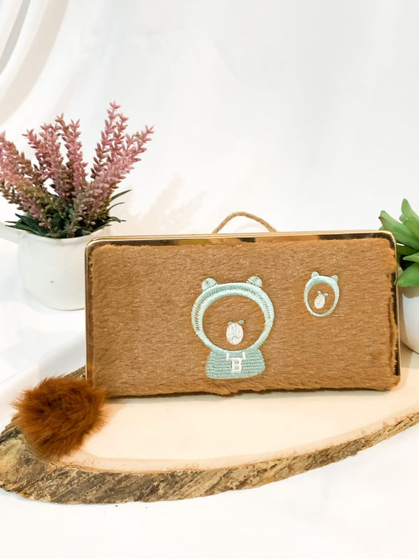 The original Girl Shein Pom Pom Embroidery Fluffly Long Wallet Clutch Brown