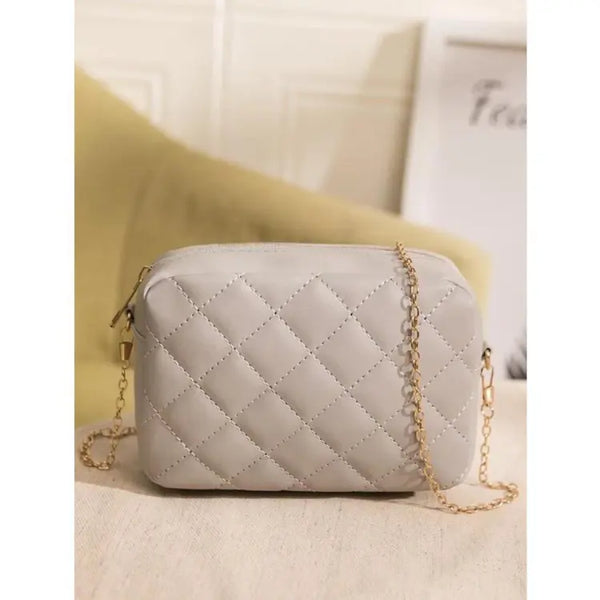 Shein - Mini Quilted Embossed Zip Chain Bag - Beige