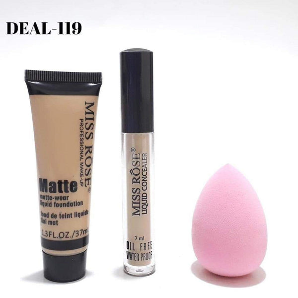 Miss Rose - Concealer , Matte Foundation And Blender - 3 Pcs Set-Fair