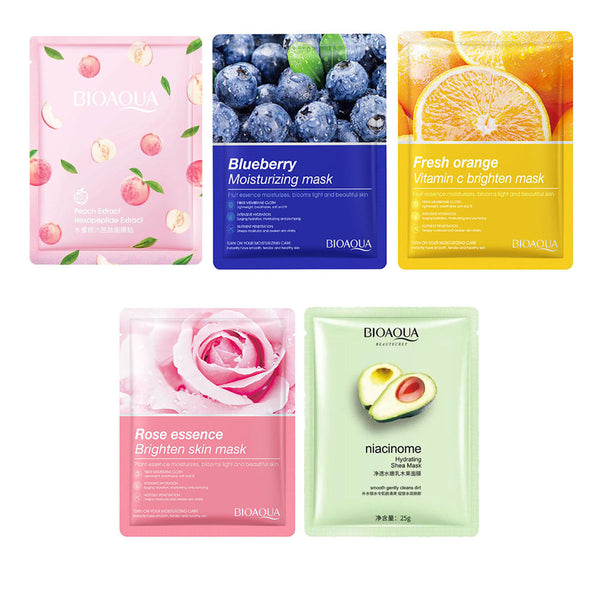 BIOAQUA - 5Pcs Moisturizing Face Sheet Mask Improving Dryness blueberry , Strawberry , Orange , Rose , Lavender Sheet Mask