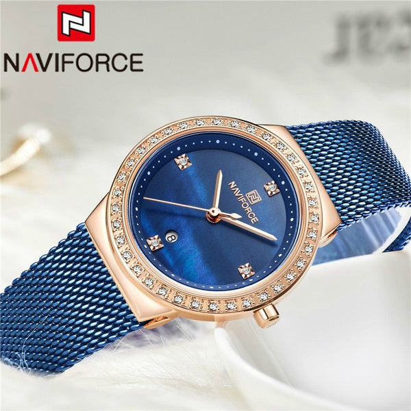 Naviforce - NF5005 Ladies Dress Watch In Blue Mesh Chain & Blue Analog Dial With Water resistance & Quartz Movement.