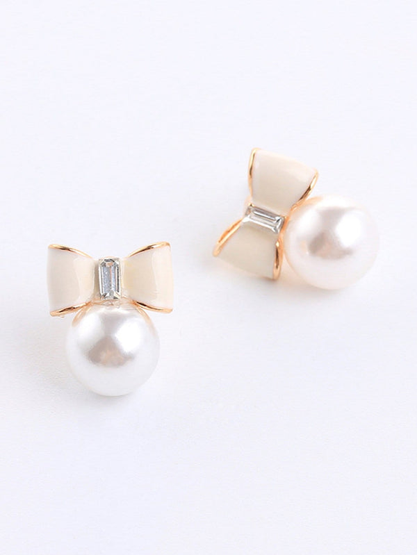 Shein - Bow Detail Faux Pearl Stud Earrings 1pair