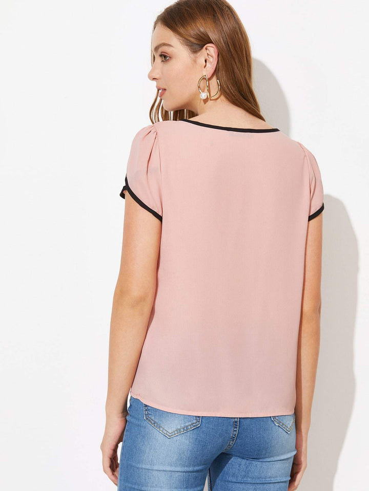 Shein- Petal Sleeve Contrast Binding Top