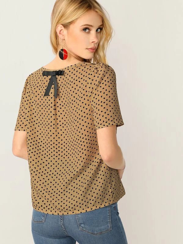 Shein- Bow Back Heart Print Top