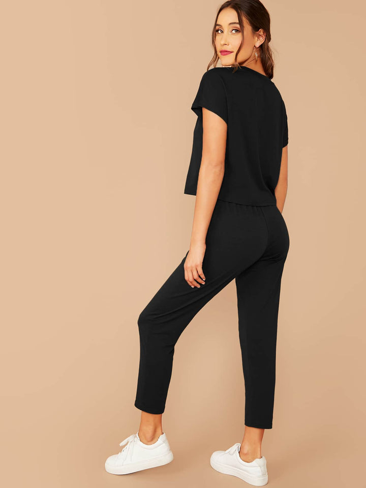 Shein- Solid Top & Tie Front Pants Set