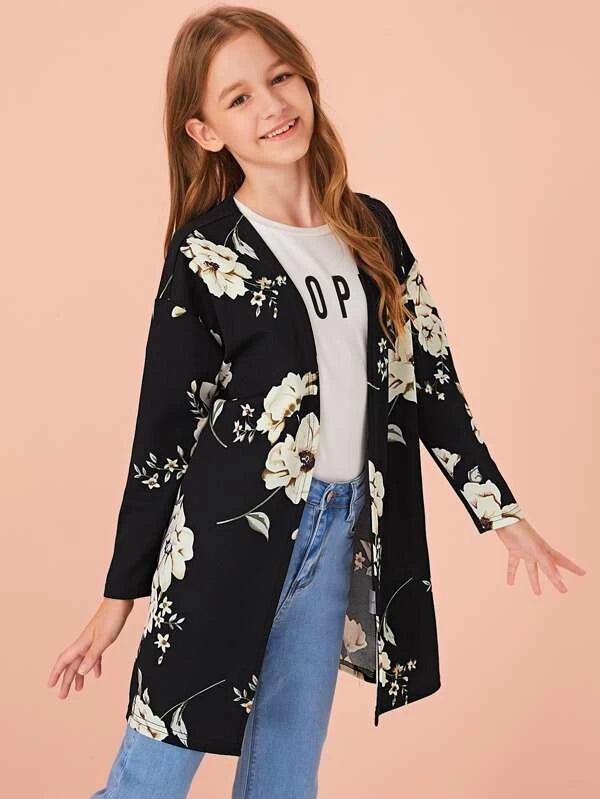 Shein- Girls Open Front Drop Shoulder Floral Print Coat