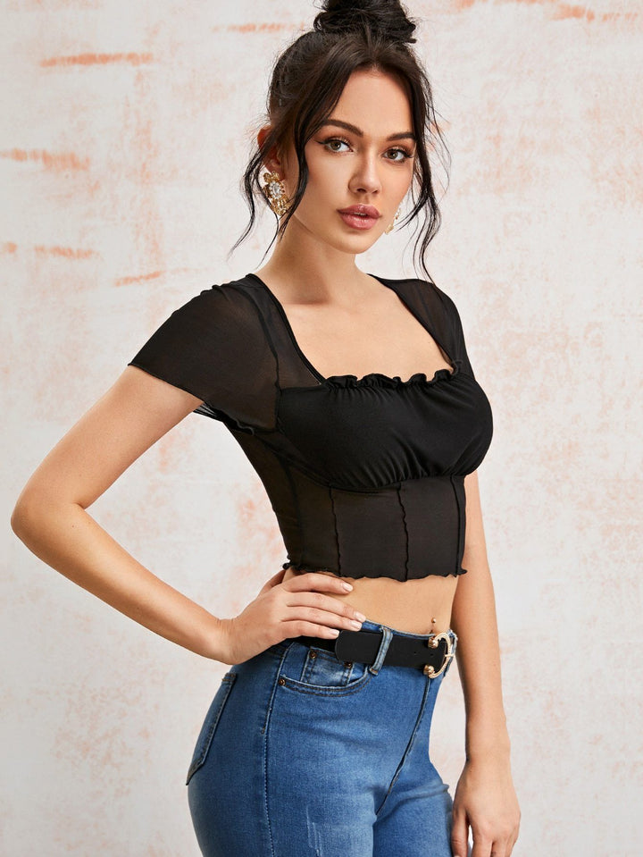 SHEIN- Lettuce Trim Ruched Bust Mesh Crop Top