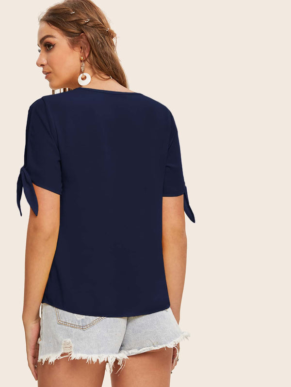 Shein- Solid Self-Tie Split Sleeve Top