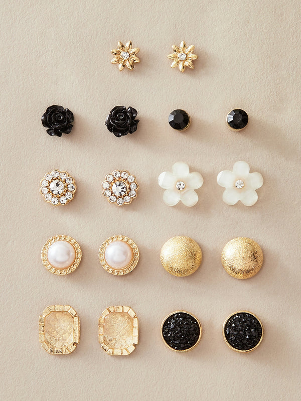 Shein - 9pairs Rhinestone Floral Stud Earrings