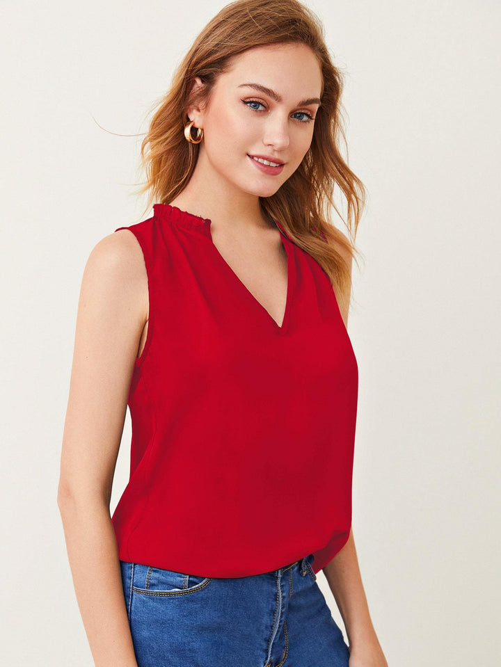 Shein- Notched Neck Frill Trim Top