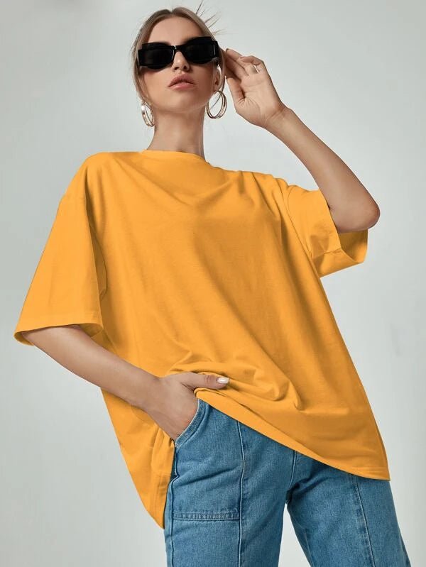Shein- Mustard Yellow Solid Longline Oversized Tee