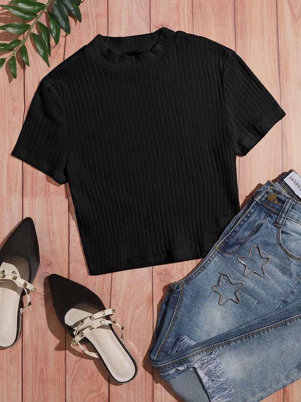 Shein-  Solid Rib-knit Tee