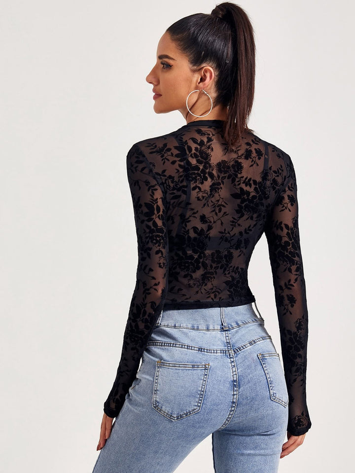 Shein- Mock-Neck Flocked Mesh Top Without Bra