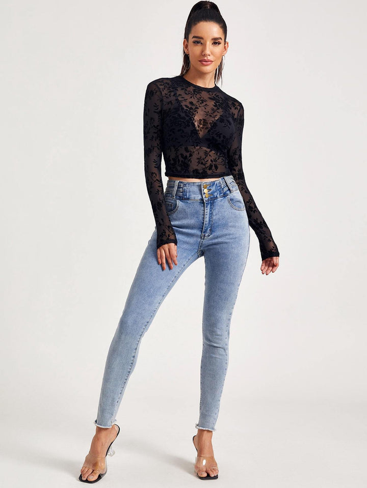 Shein- Mock-Neck Flocked Mesh Top Without Bra