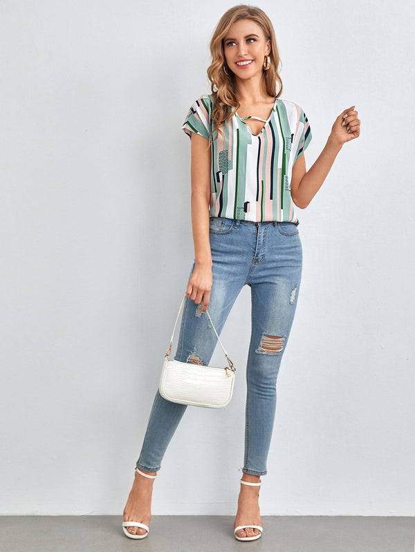 Shein- Cutout V-neck Geo & Striped Print Top