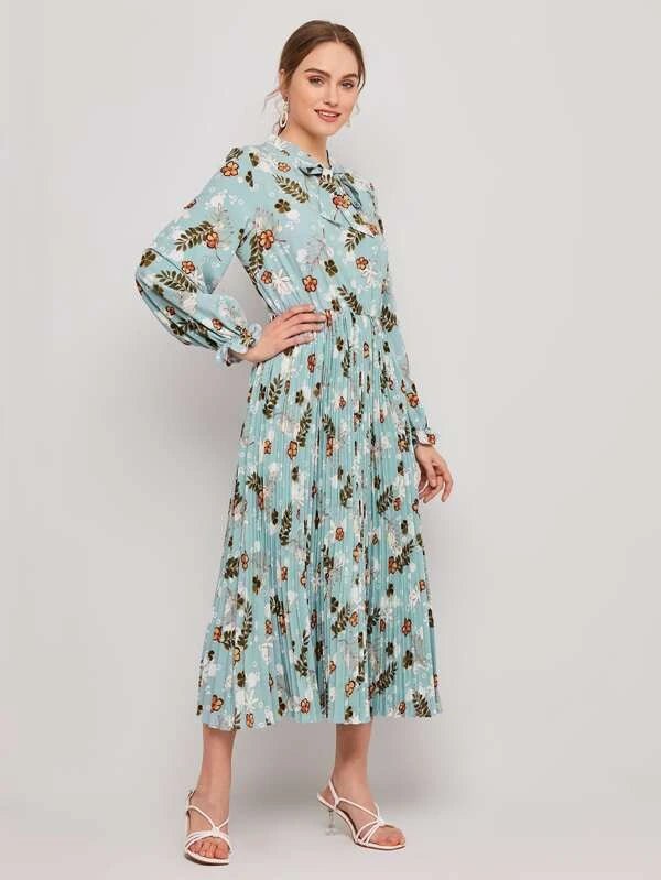 Shein- Tie Neck Flounce Sleeve Pleated Hem Dress