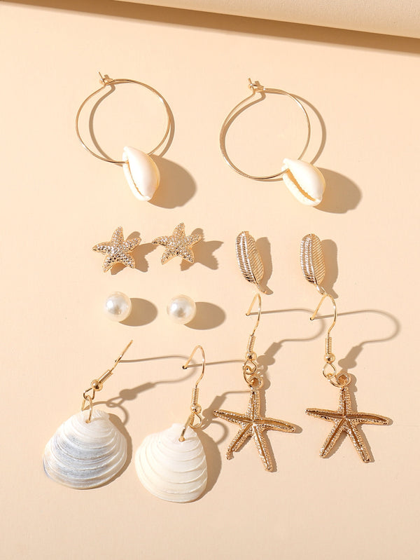 Shein - 6pairs Faux Pearl & Shell Decor Drop Earrings