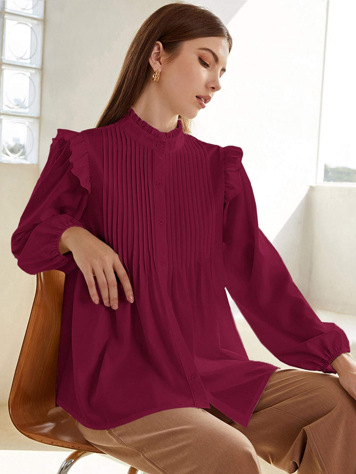 Shein- Frill Neck Pleated Button Up Blouse