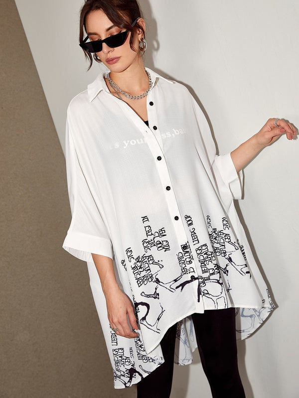 Shein- Graphic Print Batwing Sleeve Button Through Blouse