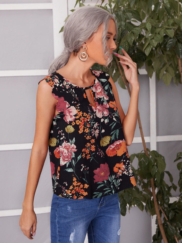 Shein- Floral Print Scallop Trim Keyhole Neck Top