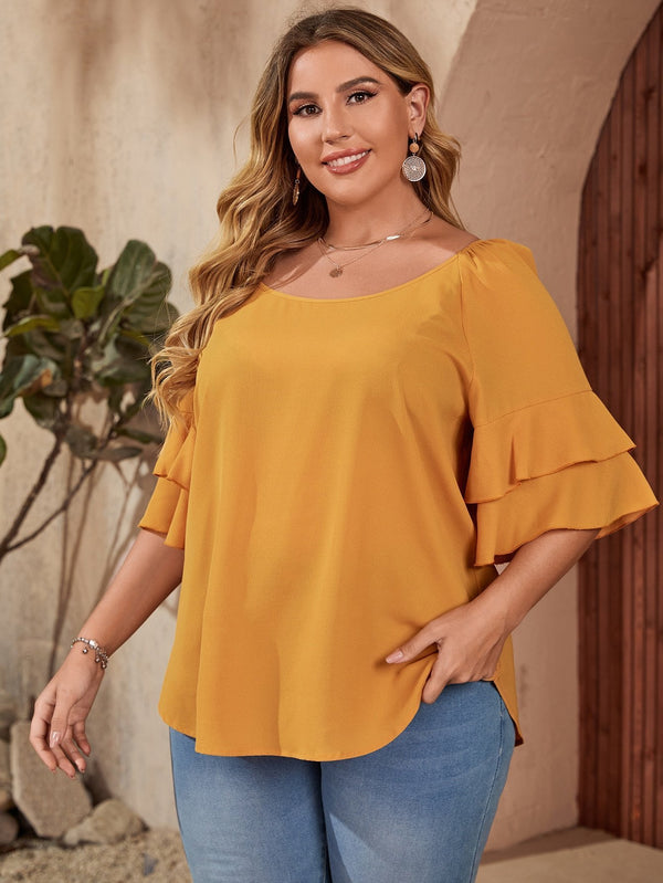 Shein- Plus Flounce Sleeve Solid Blouse