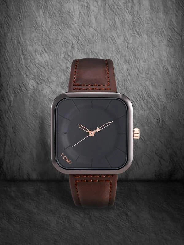Shein- Men Square Pointer Quartz Watch- Black
