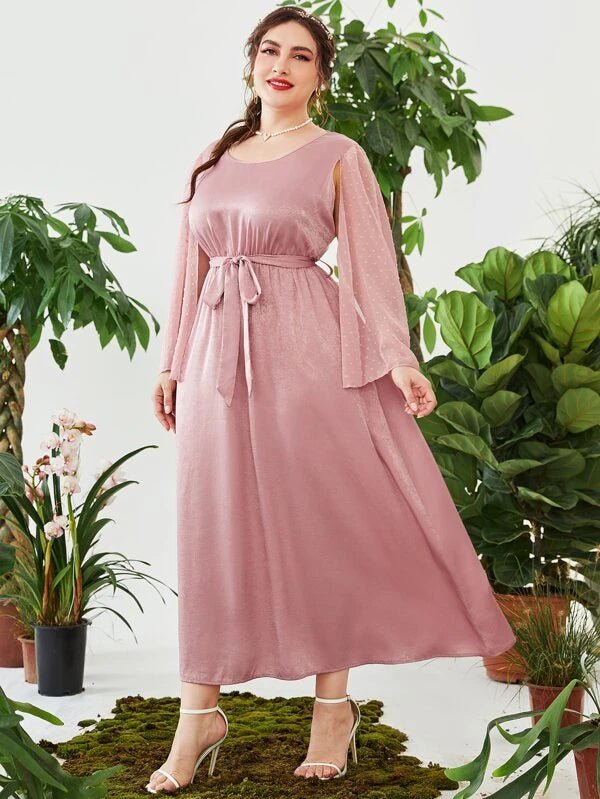 Shein- Plus Swiss Dot Slit Sleeve Belted Dress