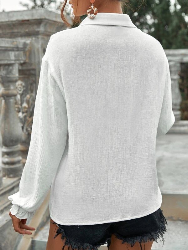 Shein- Contrast Lace Ruffle Trim Drop Shoulder Blouse