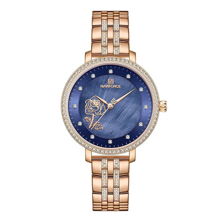 Women’s Naviforce Watch NF5017 Beautiful Rose Crafted Inside Dial With Stainless Steel Chain Rose Blue