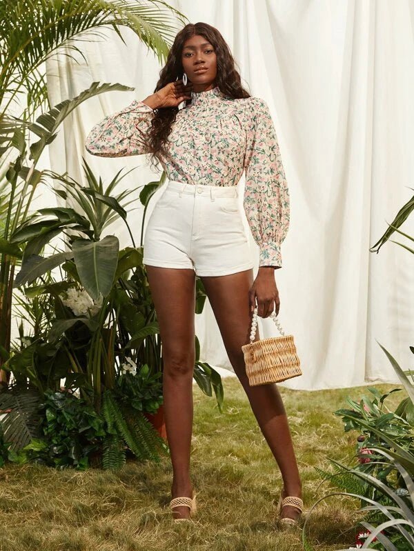 Shein- Floral Print Mock Neck Blouse