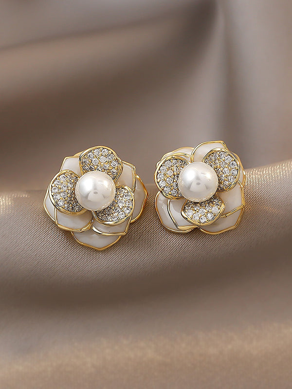 Shein - Faux Faxu Pearl Flower Decor Stud Earrings