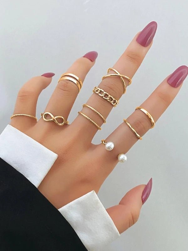 Shein- 9pcs Faux Pearl Decor Ring Gold