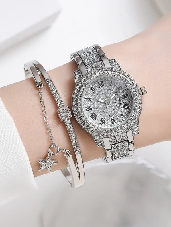 Shein- 1pc Rhinestone Decor Round Pointer Quartz Watch & 1pc Bracelet- Silver