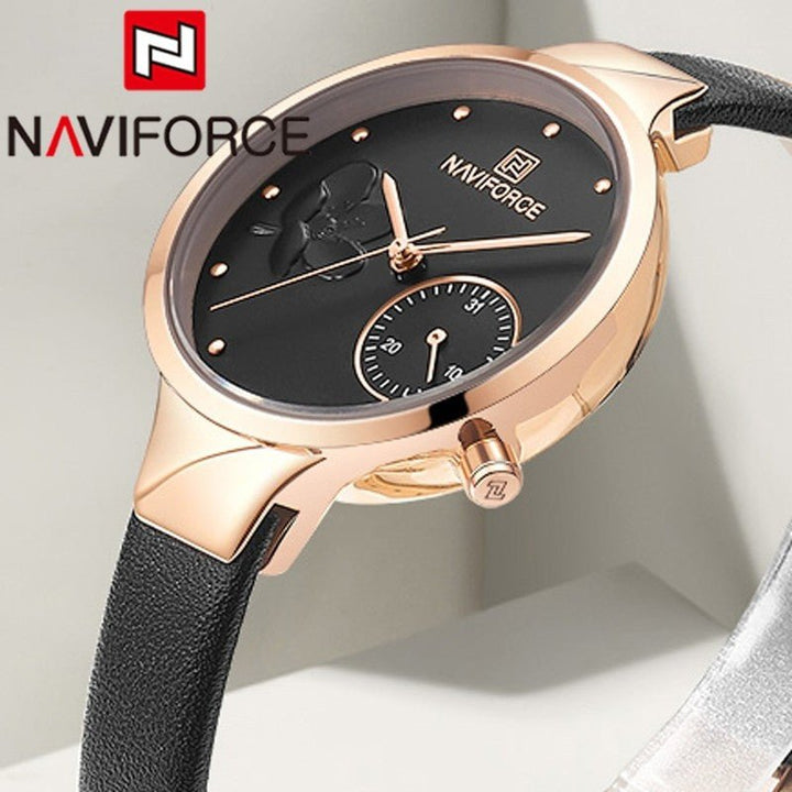 Naviforce- NF5001 beautiful Flower female quartz watch weird Genuine Leather Strap Waterproof Calendar ultra slim Casual watch Gold Black