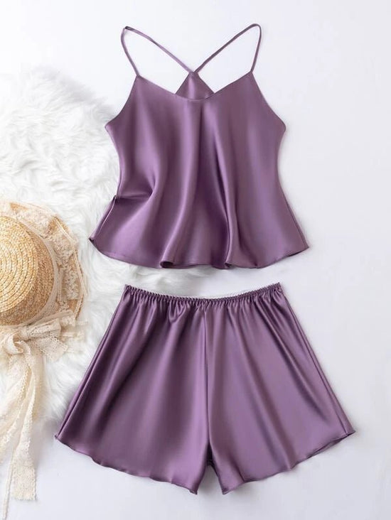Shein- Short Pajama Set With Satin Strap Top- Purple
