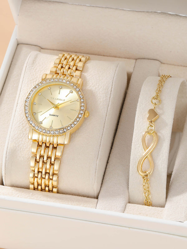 Shein - 1pc Rhinestone Decor Round Pointer Quartz Watch & 1pc Bracelet