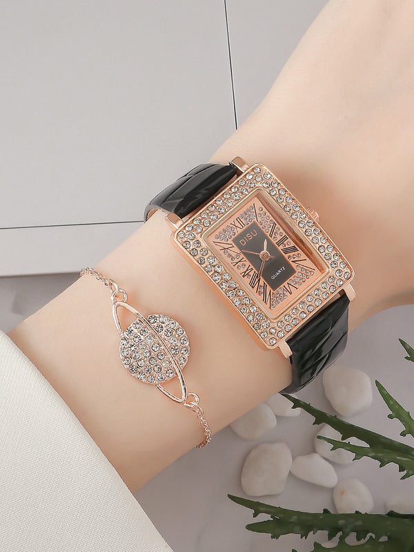 Shein - 1pc Rhinestone Decor Rectangle Pointer Quartz Watch & 1pc Bracelet