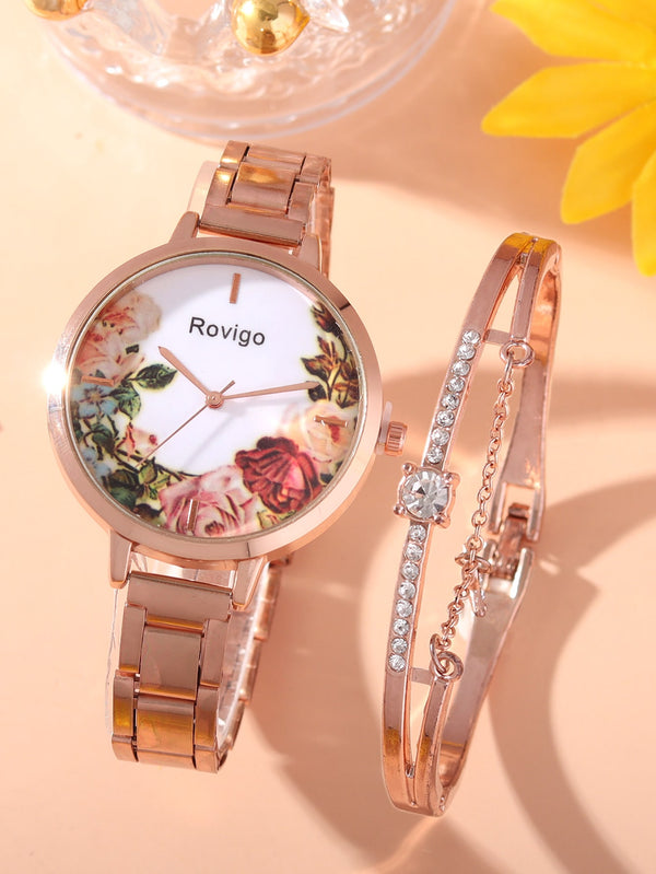 Shein - 2pcs Fashion Style Trendy Flower Women's Fine Belt Mesh Quartz Watch with Star Diamond Pendant Alloy Bracelet Combination Set