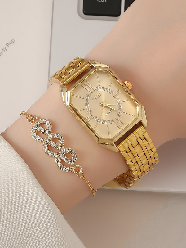 Shein - 1pc Polygon Pointer Quartz Watch & 1pc Bracelet