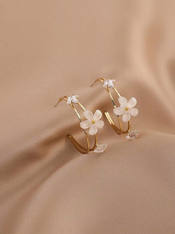 Shein - Rhinestone & Flower Decor Cuff Hoop Earrings