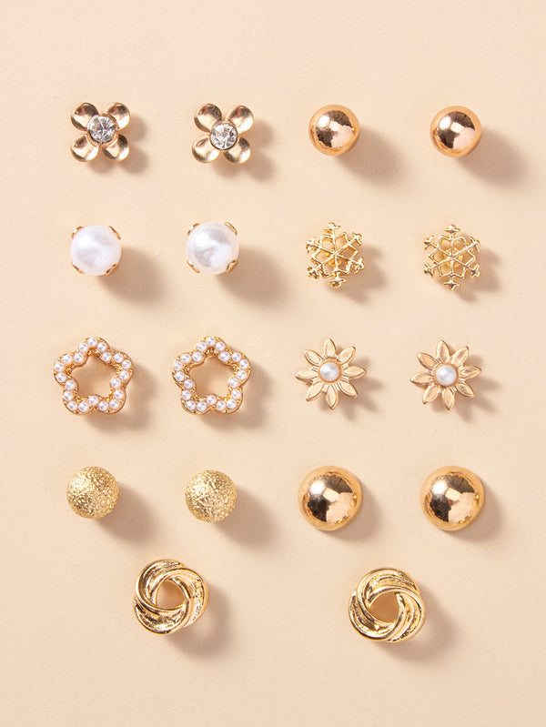 Shein - 9pairs Faux Pearl & Flower Decor Stud Earrings