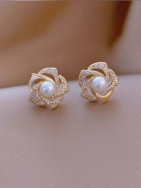 Shein - Faux Pearl & Rhinestone Flower Decor Stud Earrings