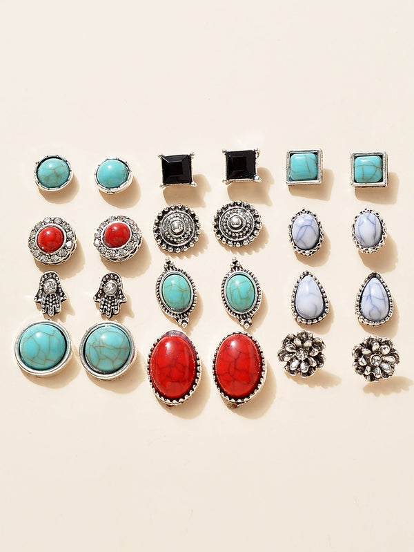 Shein - 12pairs/set Turquoise & Flower Decor Stud Earrings