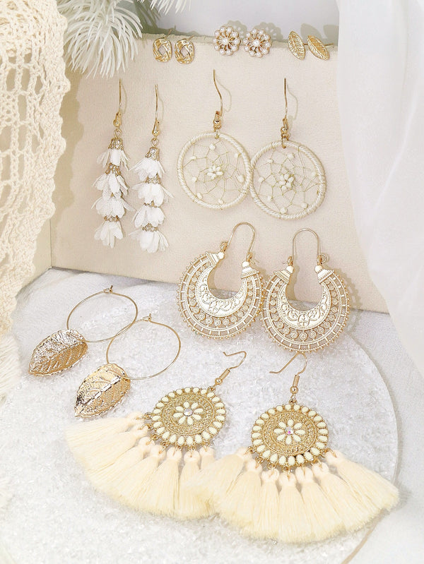 Shein - 8pairs/set Tassel & Flower Decor Earrings