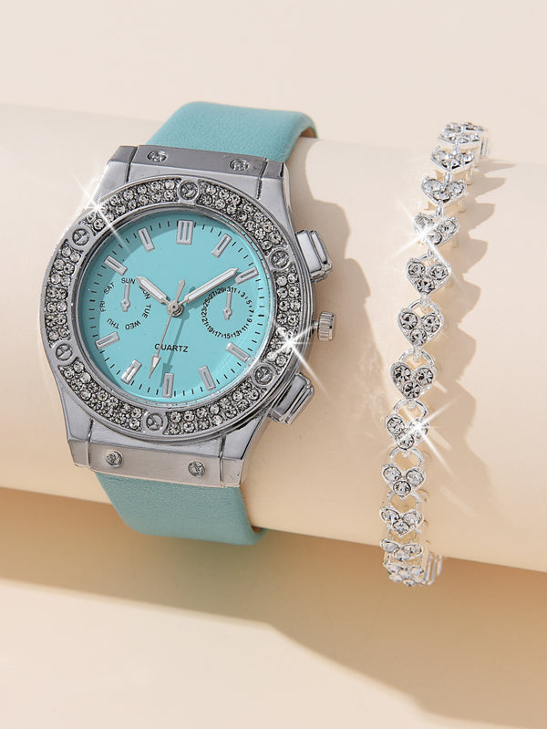 Shein - 1pc Rhinestone Decor Quartz Watch & 1pc Bracelet