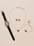Shein - 1pc Rhinestone Decor Quartz Watch & 5pcs Jewelry Set