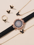 Shein - 1pc Rhinestone Decor Quartz Watch & 5pcs Jewelry Set